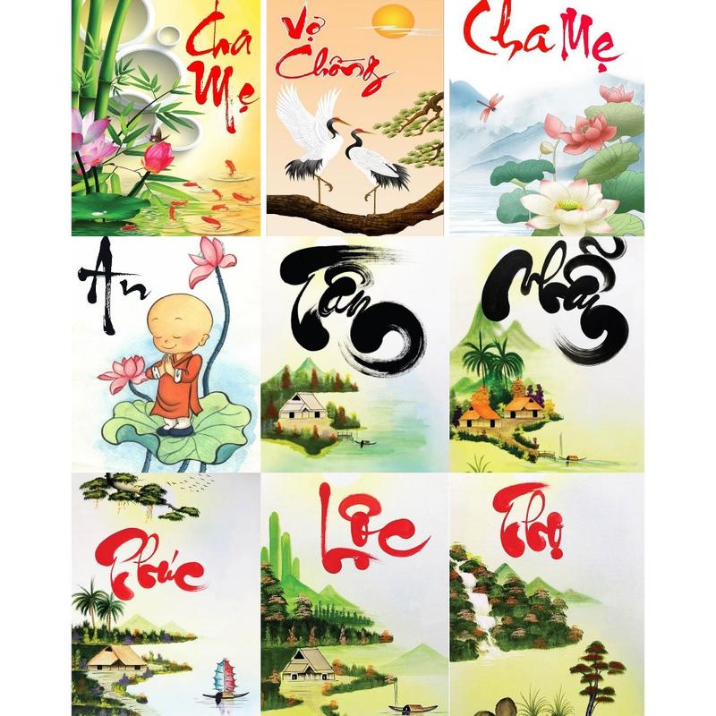 Tổng hợp tranh Chữ thư pháp kích thước 30x40cm tự hoàn thành Treo Tường Phòng Khách Canvas