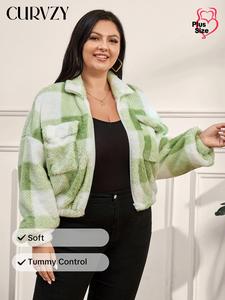 CURVZY Plus Size Plaid Print Fuzzy Drop Shoulder Coat, Casual Long Sleeve Zipper Outerwear for Women, Women's Clothing for Winter