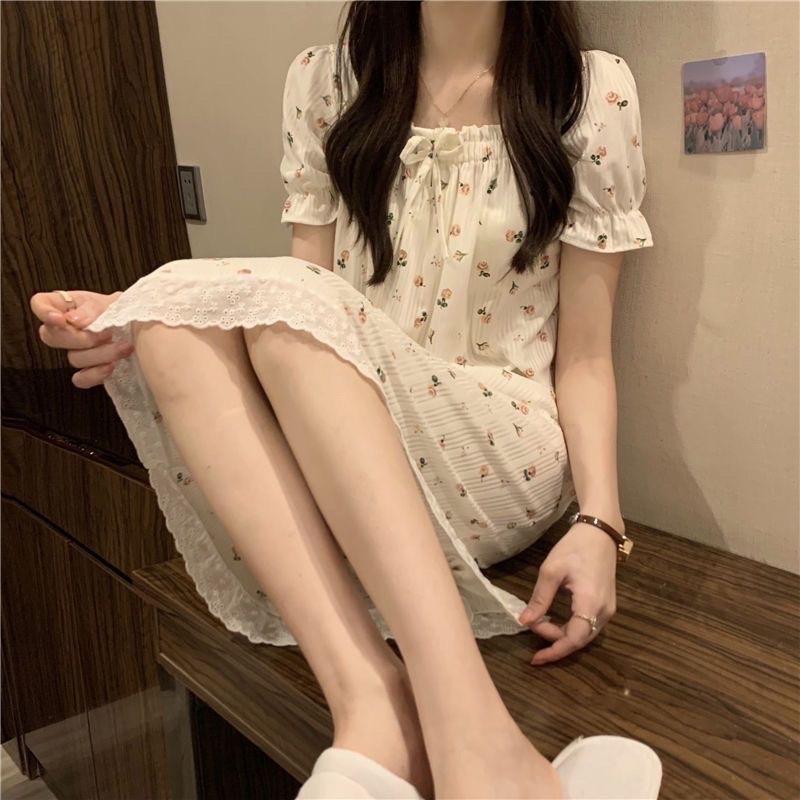 ￼váy ngủ ngắn tay phong cách công chúa in hoa mới chất lượng cao phục vụ tại nhà mùa hè 3