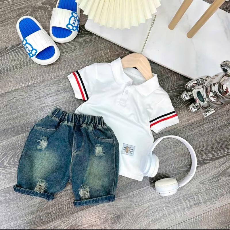 Sét Bộ PoLo (Áo+Quần) Phối Tay Sọc Áo Chất PoLo Cá Sấu Mềm Mịn Mix Quần Jean Cho Bé Trai Đi Học Đi Chơi Đủ Size Từ 9-30kg 3