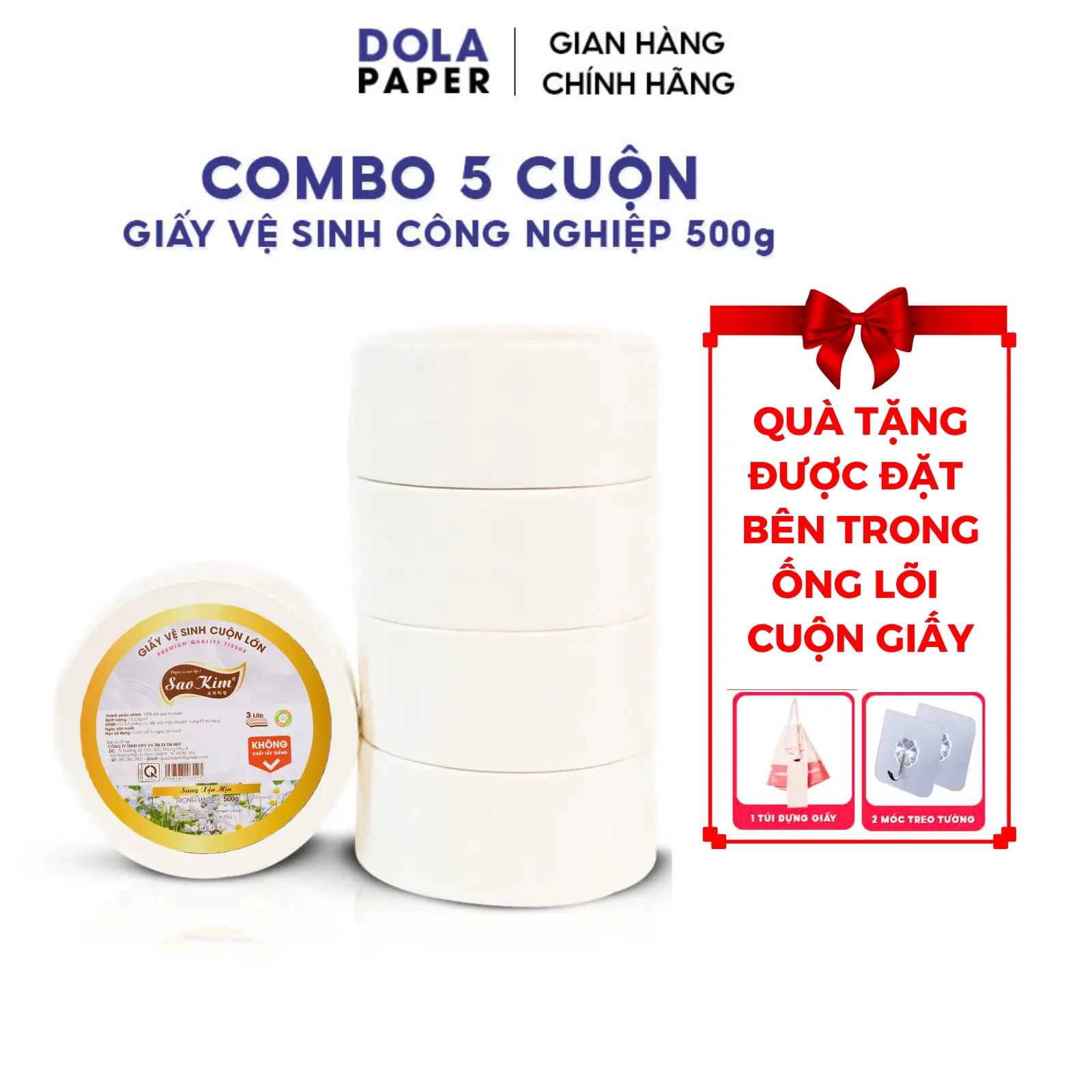 [ TẶNG TÚI ] Combo 5 cuộn giấy vệ sinh công nghiệp cuộn lớn Sao Kim 500G giấy 3 lớp mềm mịn tan nhanh trong nước giay  cuon giay  rut