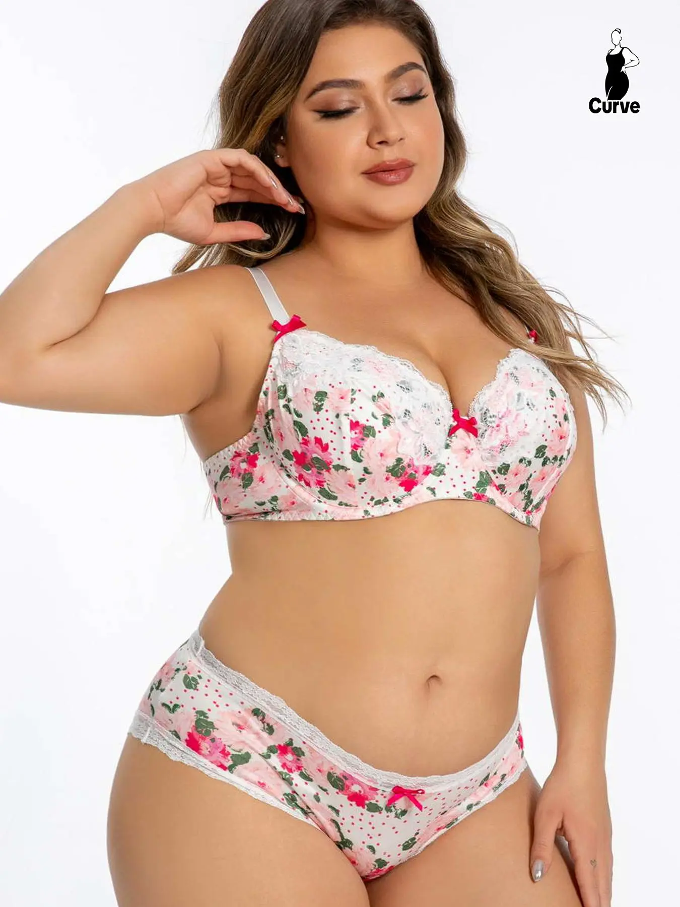 Plus Size Women's Bow Decor Lace Trim Floral Print Underwear Set, Comfortable Breathable Adjustable Strap Bra & Panty Set, Women's Lingerie Set for All Seasons