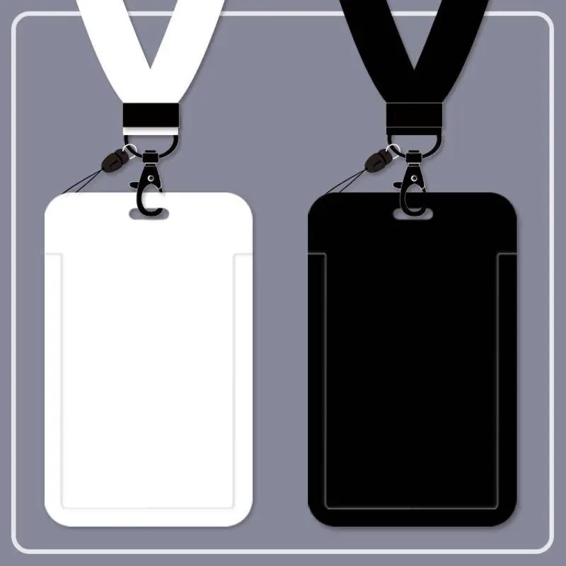 Ins Solid Color Card Holder with Long Lanyard for Student Car Card Meal Card ID Case School Card Protective Cover  White and Black Hard Shell card holder  women card holder men