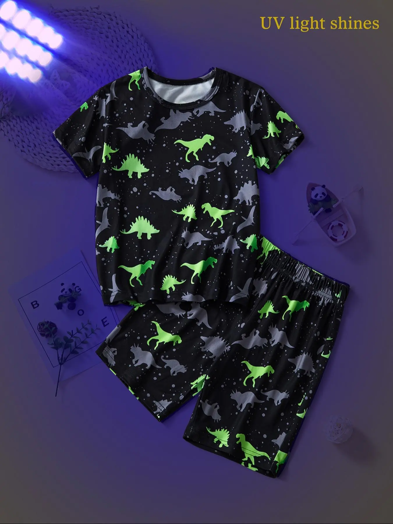 Toddler Boy's Glow in The Dark Dinosaur Print Short Sleeve Tee & Shorts Two-piece Set, Casual Round Neck T-shirt & Elastic Waist Shorts, Summer Outfits Clothes for Kids, Kids Clothing, Boy Outfits