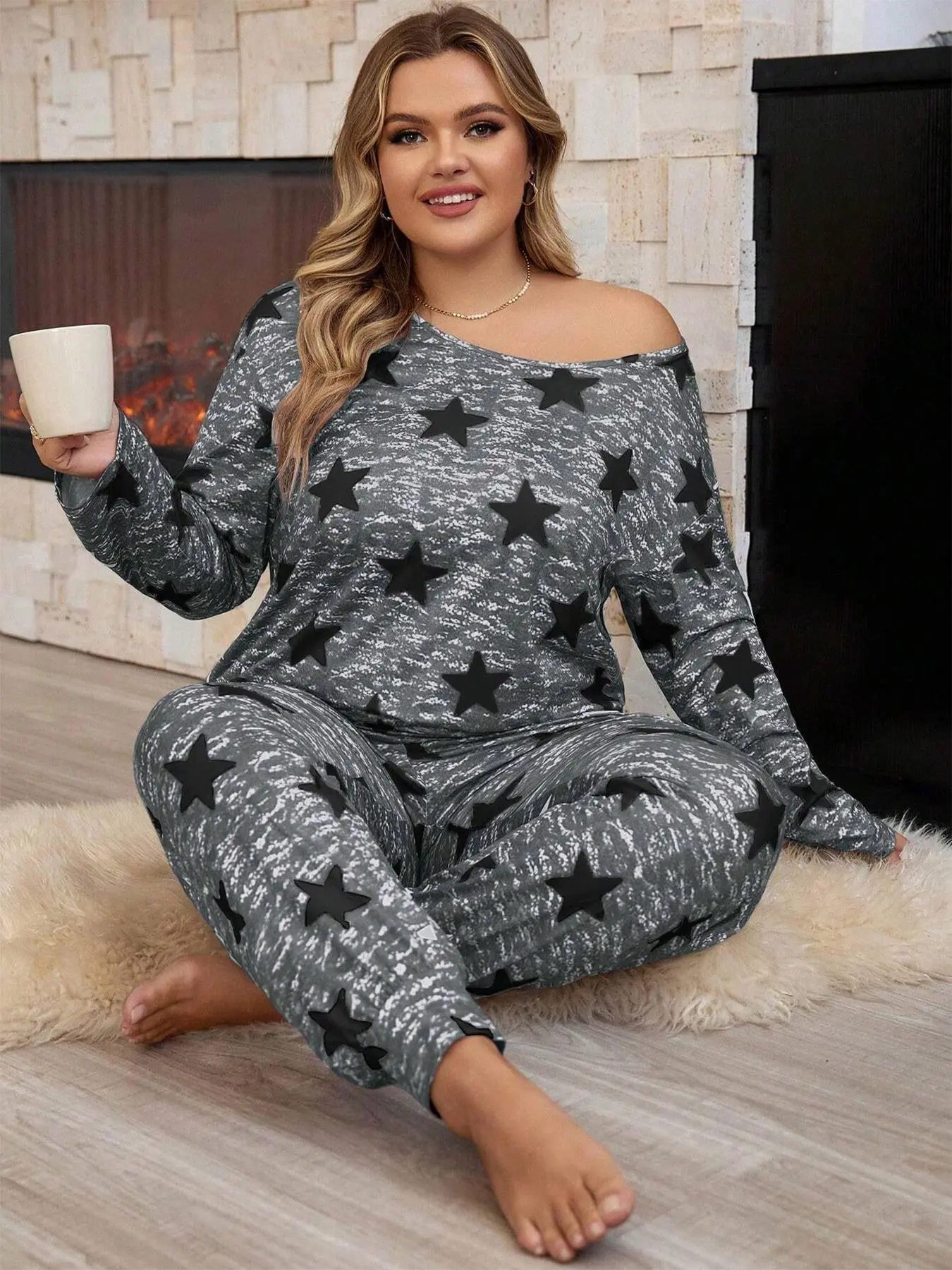 【Plus Size】 All Over Star Print Drop Shoulder Tee & Pants Pyjama Set, Casual Comfy Round Neck Long Sleeve T-shirt & Trousers Pj Set, Women's Sleepwear for Spring & Fall, Pyjamas for Women, Lounge Sets for Women