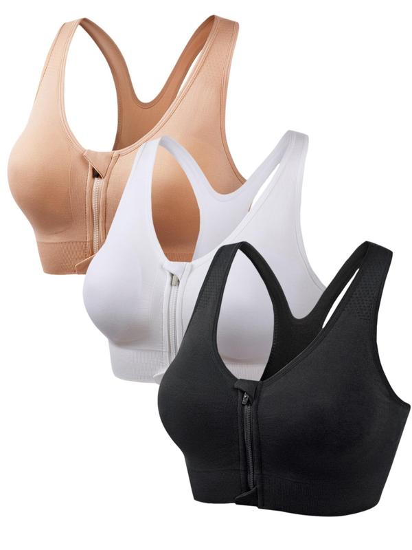 Women's Multicolor Solid Front Zipper Racerback Bras, Soft & - TikTok Shop