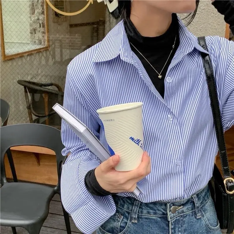 Áo Sơ Mi Nữ MAYYA Kẻ Sọc Dài Tay Dáng Rộng Chất Kate Mềm Mát Phong Cách Hàn Quốc A07 Top Women  Shirt Cổ Tròn
