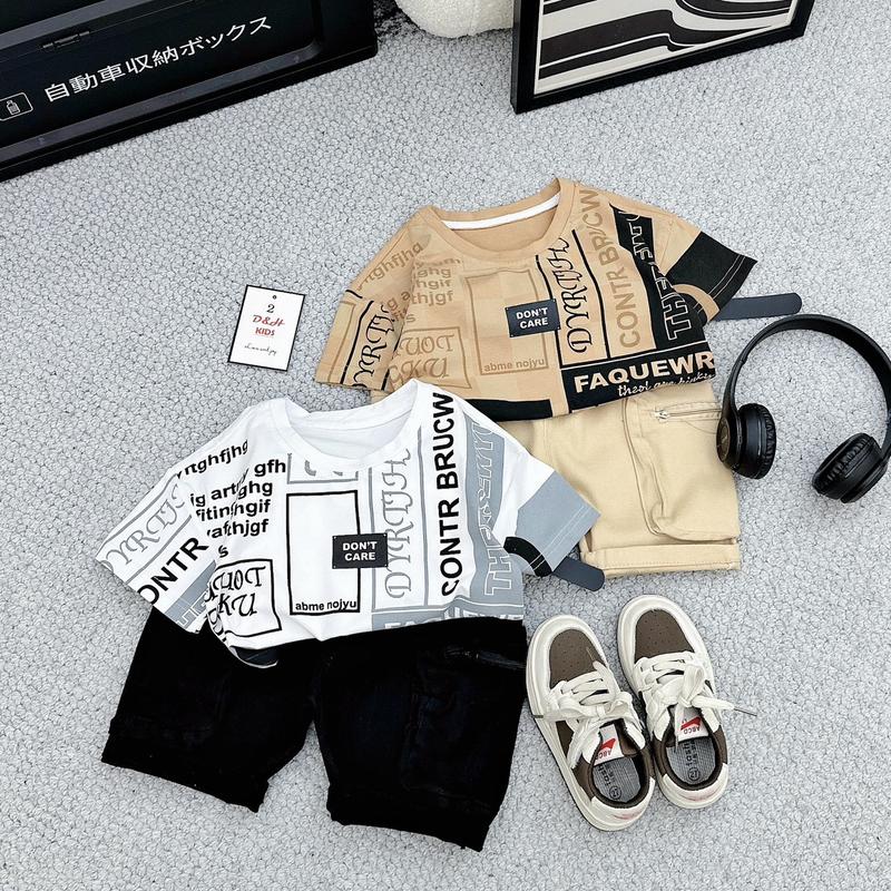 Set bộ 3 chi tiết cho bé trai quần kaki có kèm thắt lưng, áo cotton in màu