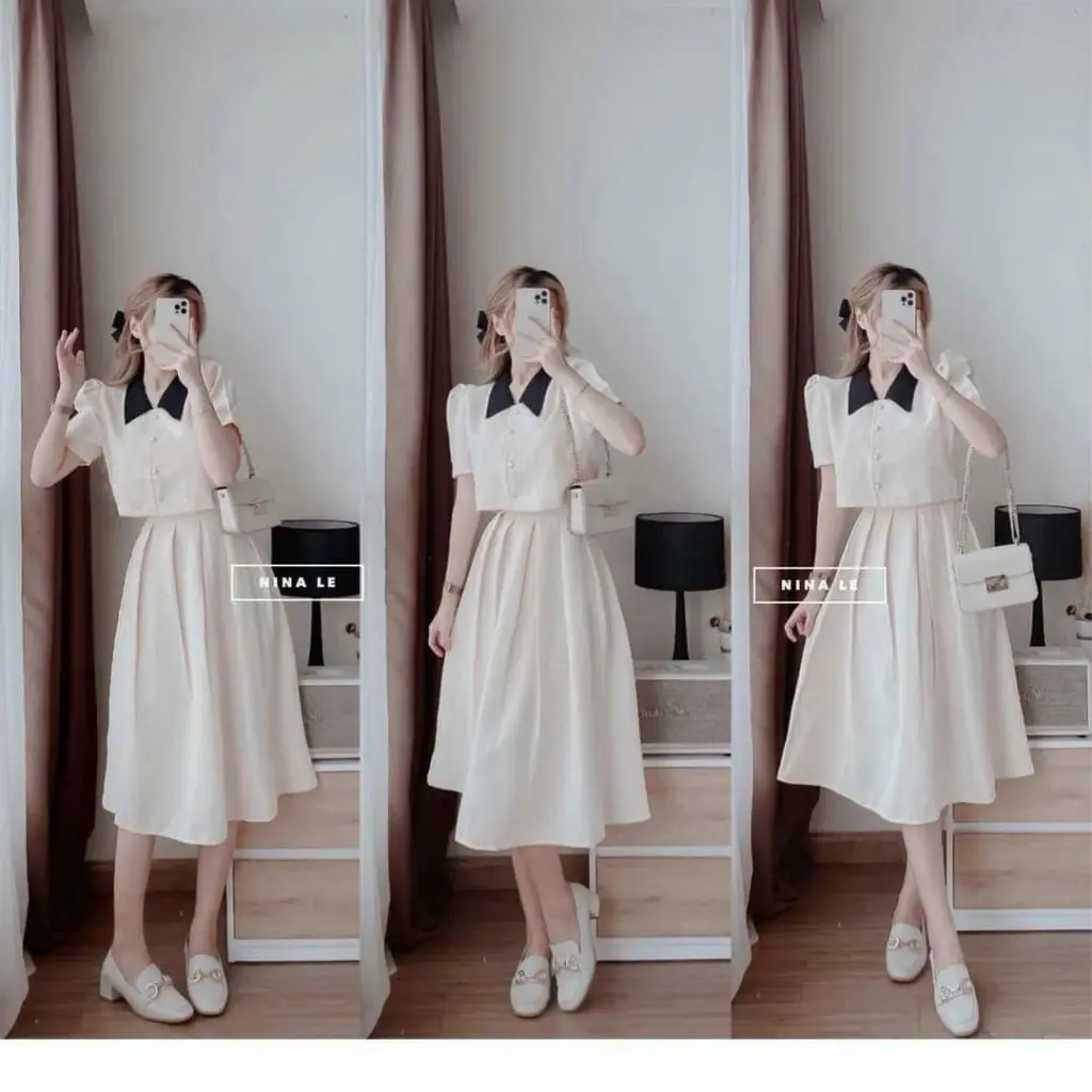 Set váy nữ - Áo cổ bẻ tay búp mix chân váy xếp ly dáng xòe tiểu thư