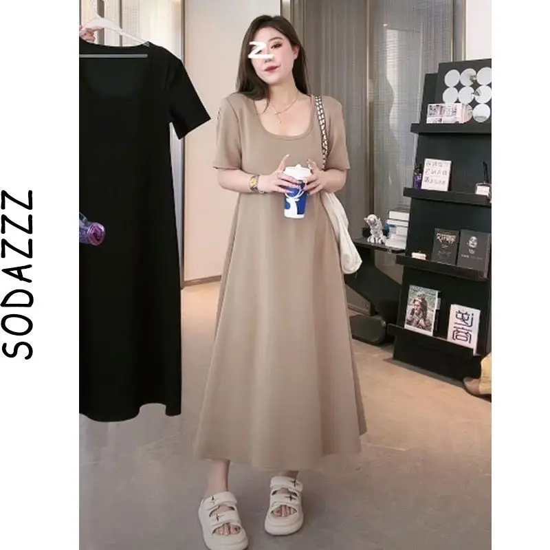 Oversized Plus Size 150KG Women's Loose U-Neck Short Sleeve Dress Mid Length Dress Women Clothes