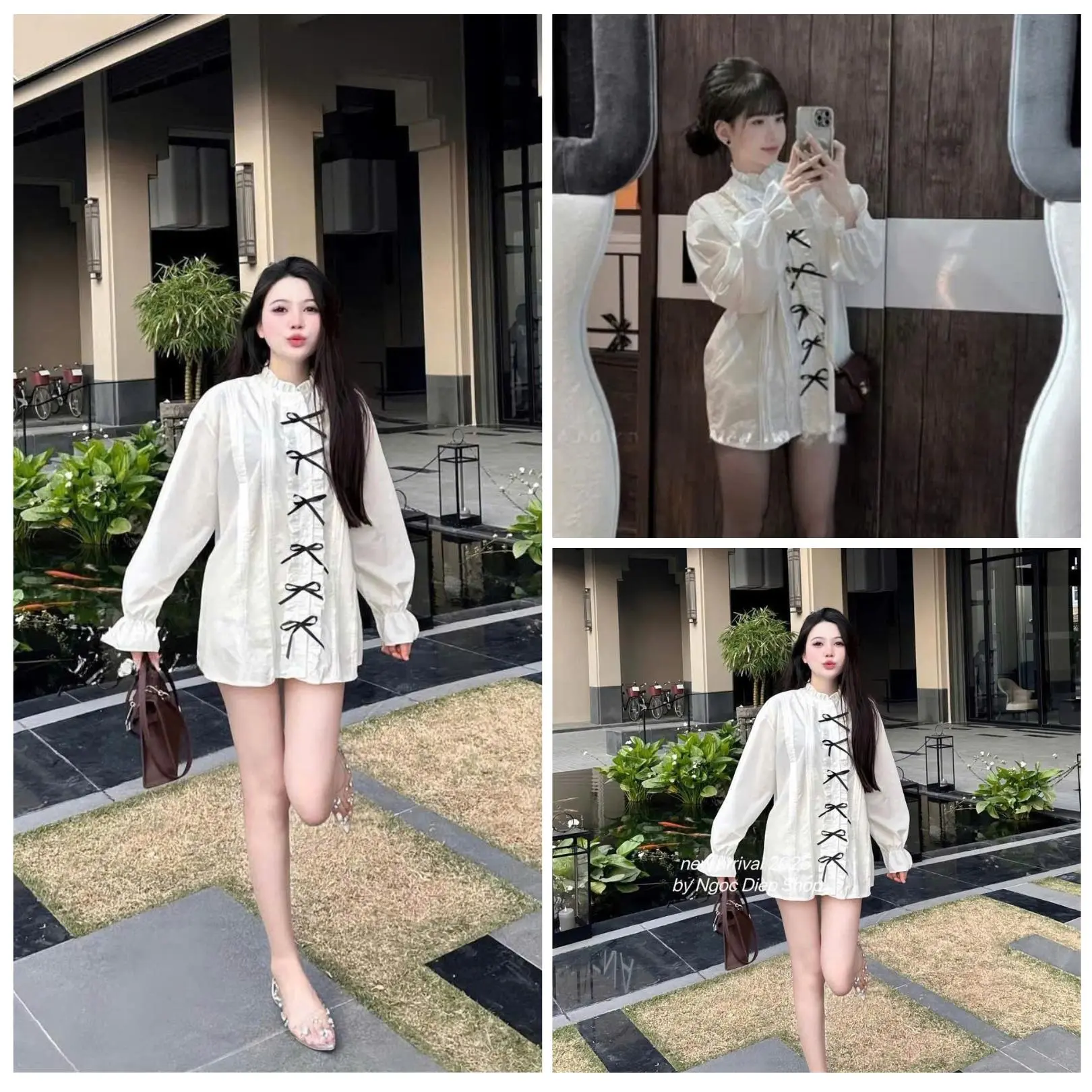 Áo Sơ Mi Nữ Dài Tay Viền Bèo Xinh Xắn, Thiết Kế Đính Nơ Tiểu Thư, Phong Cách Dịu Dàng Hot Trend