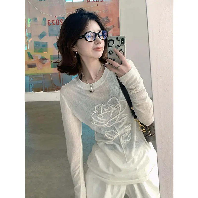 Han style white sun protection shirt for women summer long-sleeved thin and light floral three-dimensional flower slim T-shirt