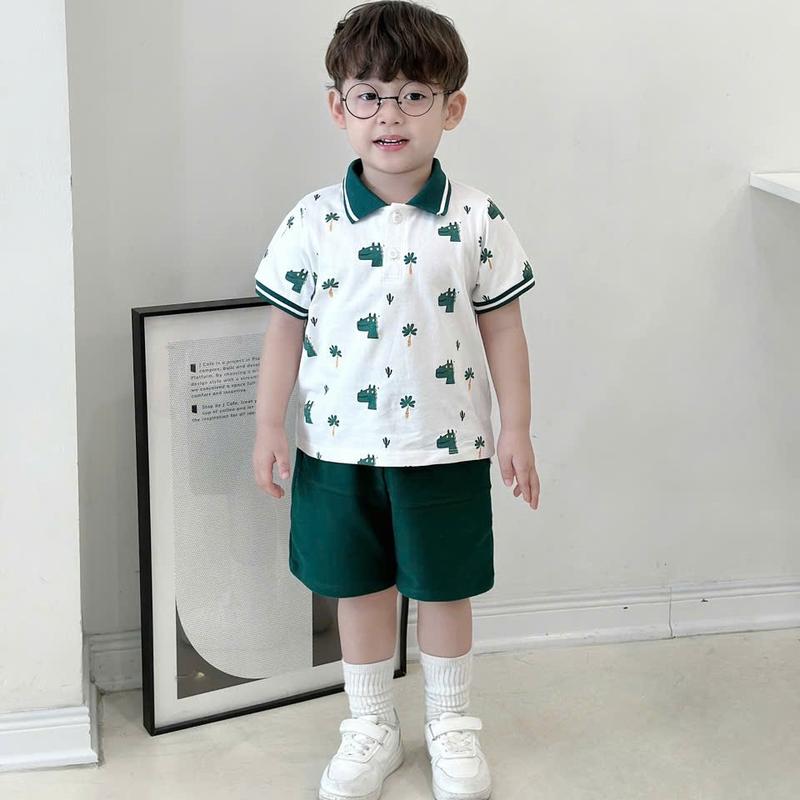 Bộ quần áo POLO IN KHỦNG LONG QUẦN XANH CHO BÉ TRAI,  Bộ quần áo chất COTTON thoải mái cho bé