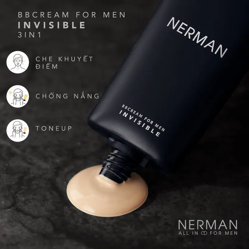 Kem che khuyết điểm cho nam Nerman BB Cream Invisible 3in1 Chống nắng SPF 45+ , che khuyết điểm, dưỡng ẩm Nerman 50g với 2 loại Tone sáng và Tone tự nhiên 1