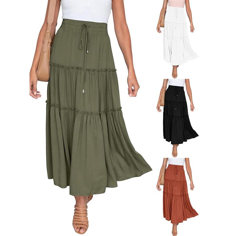 TikTok Shop Women Long Skirt Vintage Elegant High Waist Tiered Solid Flowy Summer Skirt for Casual