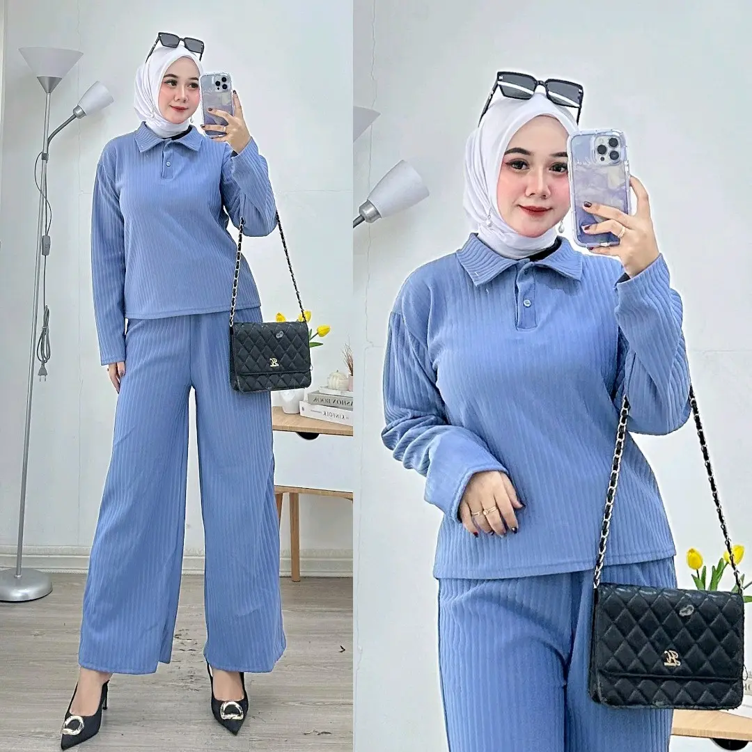 Cayla One Set Premium Rib Knit Top Setelan Wanita celana kulot panjang atasan baju oneset Wanita Muslim Stretch Salur Casual