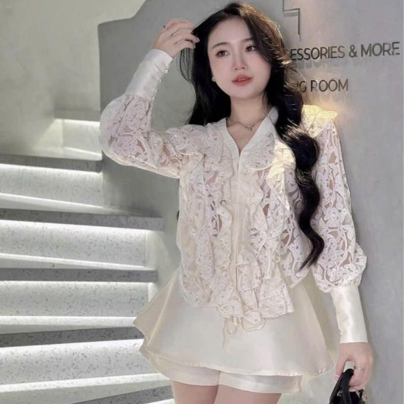 BIGSIZE HIẾU HIẾU (55-95KG) - Set thời trang thiết kế Áo ren hoa nổi tay dài phối bèo + Chân váy tafta sang trọng