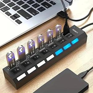 Hab USB Hab 4 / 7 Port Berkelajuan Tinggi, HUB7, Penyesuai 2.0, Pengembang Pemisah Berbilang USB, Pengembang Berbilang, dengan Suis Lampu LED, Sesuai untuk PC dan Komputer Riba Computer 3 kabel charger
