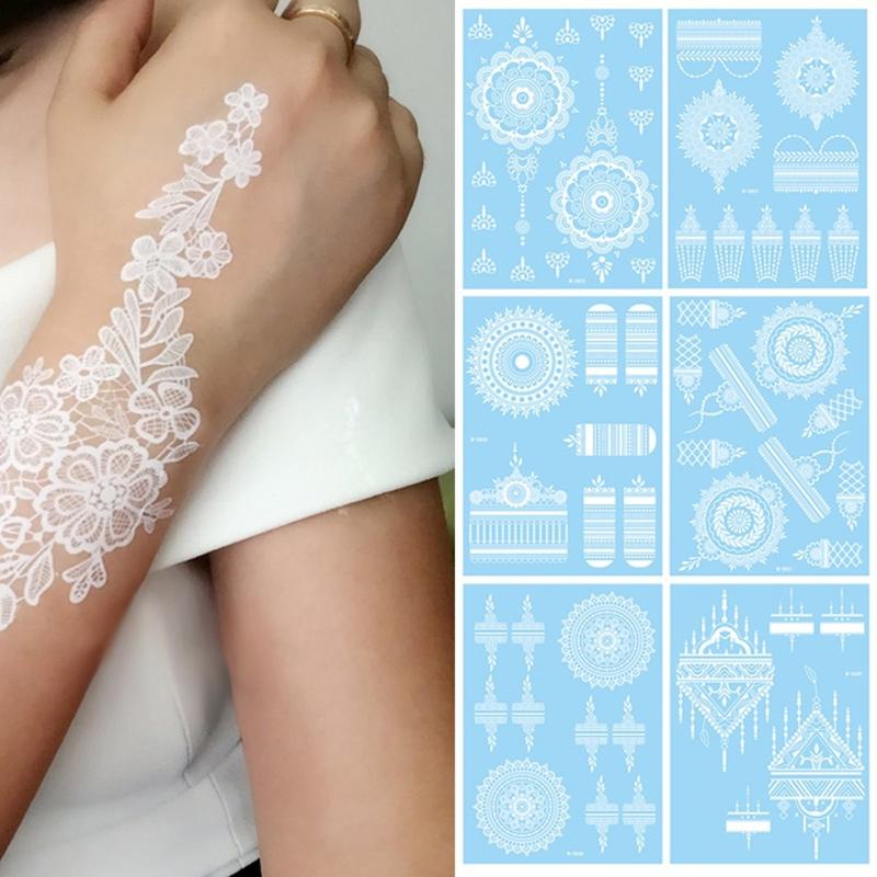 Fashion White Lace Body Art Indian Henna Tattoo Temporary Sticker Waterproof Mandala Flower Long Lasting Bride Wedding Color Sensitive Sheet 3