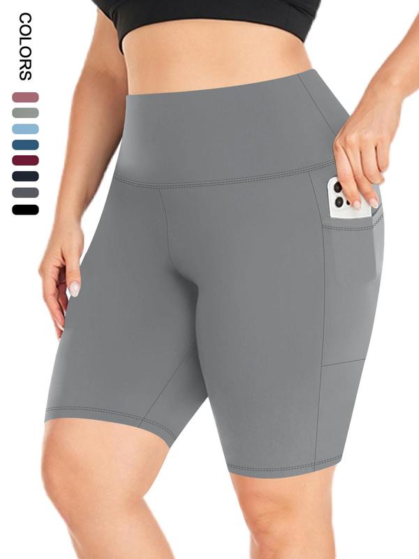 【Plus Size】 Plain High Waist Pocket Design Skinny Shorts, Casual Comfy Breathable High Stretch Seamless Shorts for Daily Outdoor Sport, Gym Wear, Shorts for Women, Workout Clothes 1