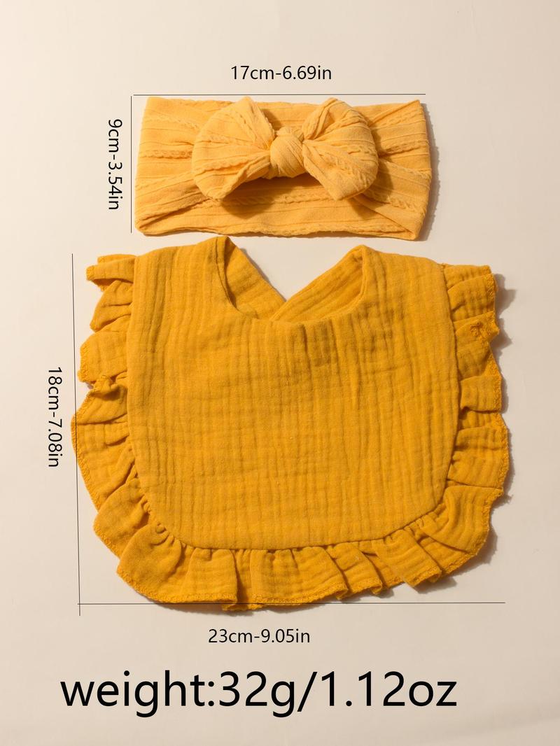 Product Introduction of Baby's Solid Color Ruffle Trim Bib & Textured Hair Band Set, Cute Baby Bib & Bow Decor Hair Band, Baby Accessories for Daily Wear 1