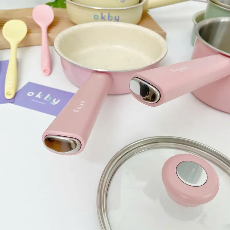 [Mẫu mới] Bộ Nồi Chảo CAO CẤP OKBY, nồi innox 14cm, chảo đá chống dính 16cm chế biến đồ ăn dặm cho bé 6