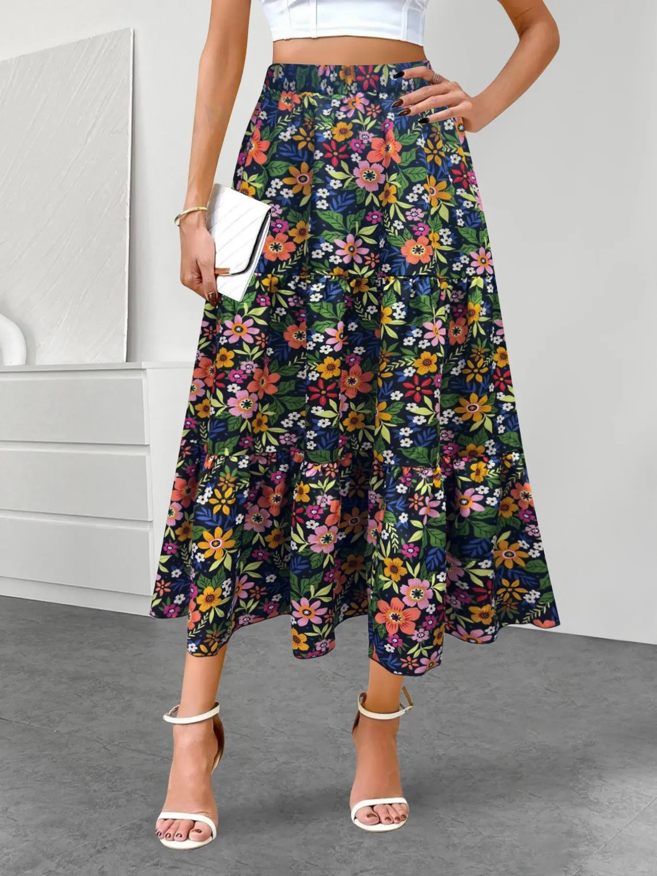 Women's Floral Print Ruffle Hem Skirt, Elegant Fashion Casual Midi Skirt for Daily Outdoor Wear, Ladies Bottoms for All Seasons