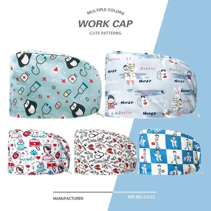 New Fashion Unisex Surgical Scrub Hat Womens Mens Cotton Adjustable Sweat-absorbent Breathable Printed Nursing Hat Clinic Dental Hospital Doctor Nurse Work Cap