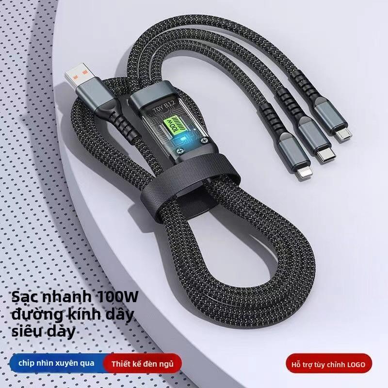 Cáp dữ liệu sạc nhanh, 100W, trong suốt, màn hình kỹ thuật số phát sáng, 3 trong 1, một kéo ba, Bán Chạy 2