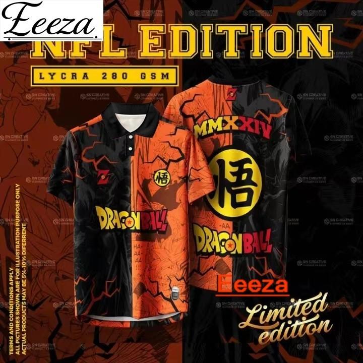 Product Introduction of Eeeza 2024 Dragon Ball Jersey NFL Edition Baju Anime Tshirt Lelaki Lengan Pendek Retro Collar Full Sublimation Microfiber Jersi Viral Unisex Streetwear 4