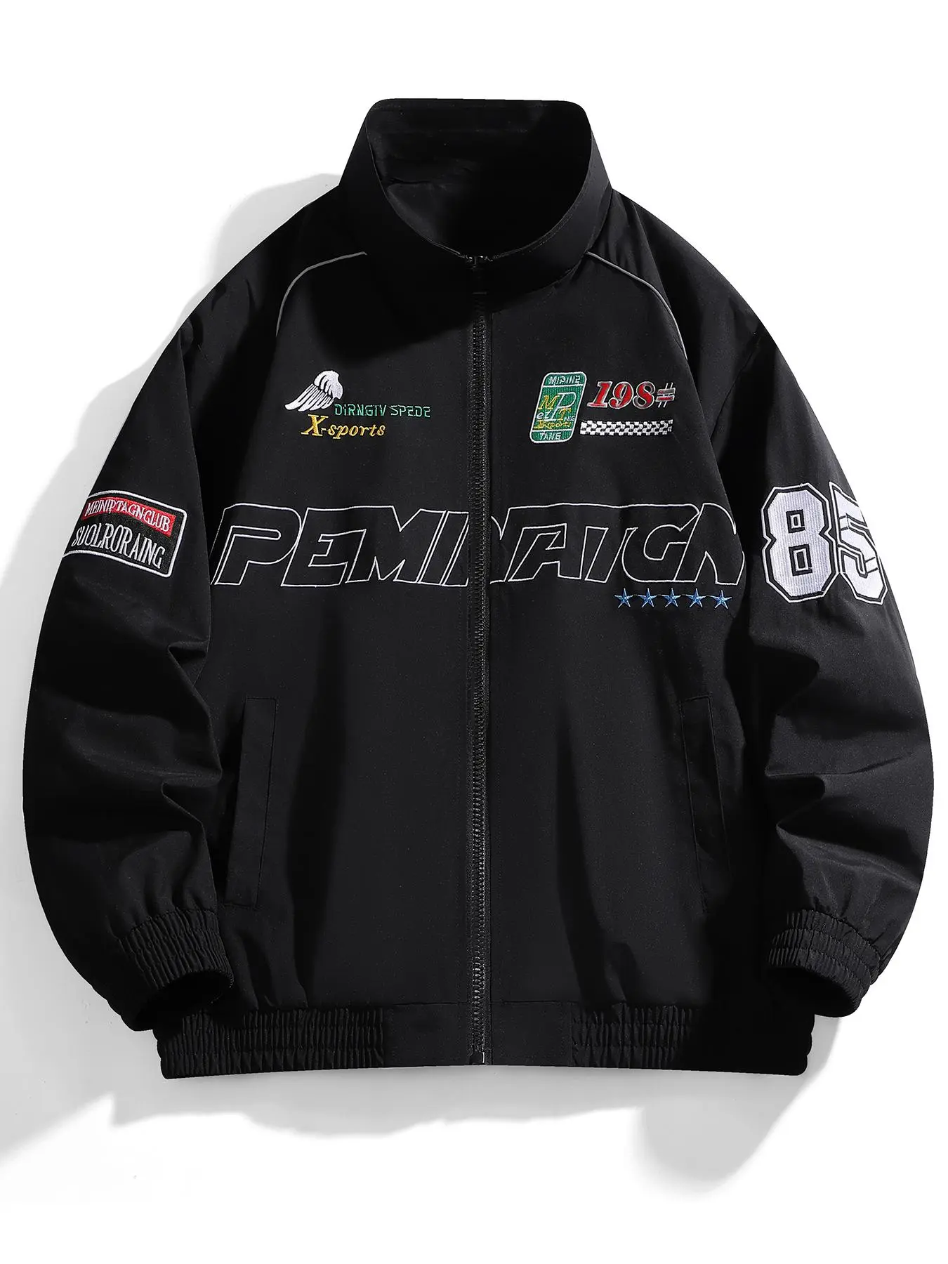 Men's Letter & Figure Embroidered Zip Up Jacket, Regular Fit Casual Pocket Funnel Neck Outerwear for Spring & Fall, Fashion Men's Clothes for Daily Wear, Coat