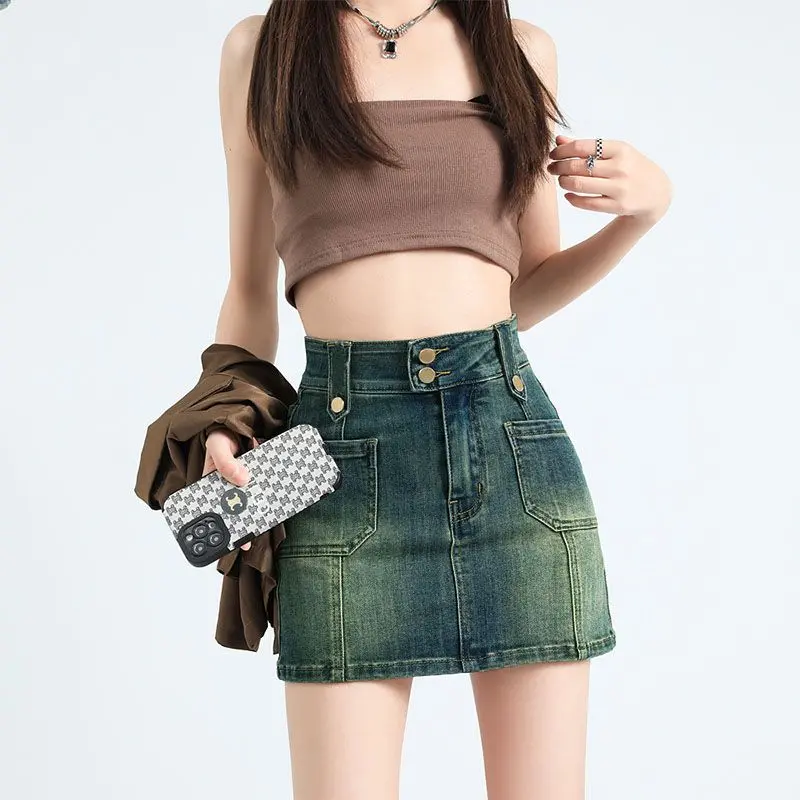 Chân Váy Denim Co Giãn, Lót, Dành Cho Nữ, Cạp Cao, Chân Váy Bodycon Chữ A, Chân Váy Gợi Cảm, Phong Cách Ins, Hàng Mới Về Mùa Hè
