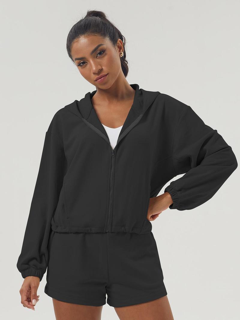 Product Introduction of Women's Solid Color Zip Up Hooded Sweatshirt & Drawstring Waist Shorts Sports Sweat Set, Casual Long Sleeve Zip Front Outerwear & Shorts, Ladies Sportswear for Indoor Outdoor Wear, Tracksuit 2