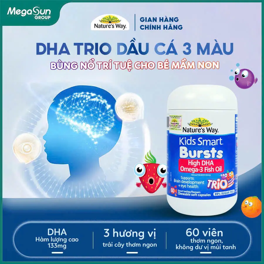 [NATURE'S WAY] Viên Nhai DHA Trio Dầu Cá 3 Màu Nature's Way Kids Smart Omega 3 Fish Oil Trio Bổ Sung DHA Cho Bé Hộp 60 viên