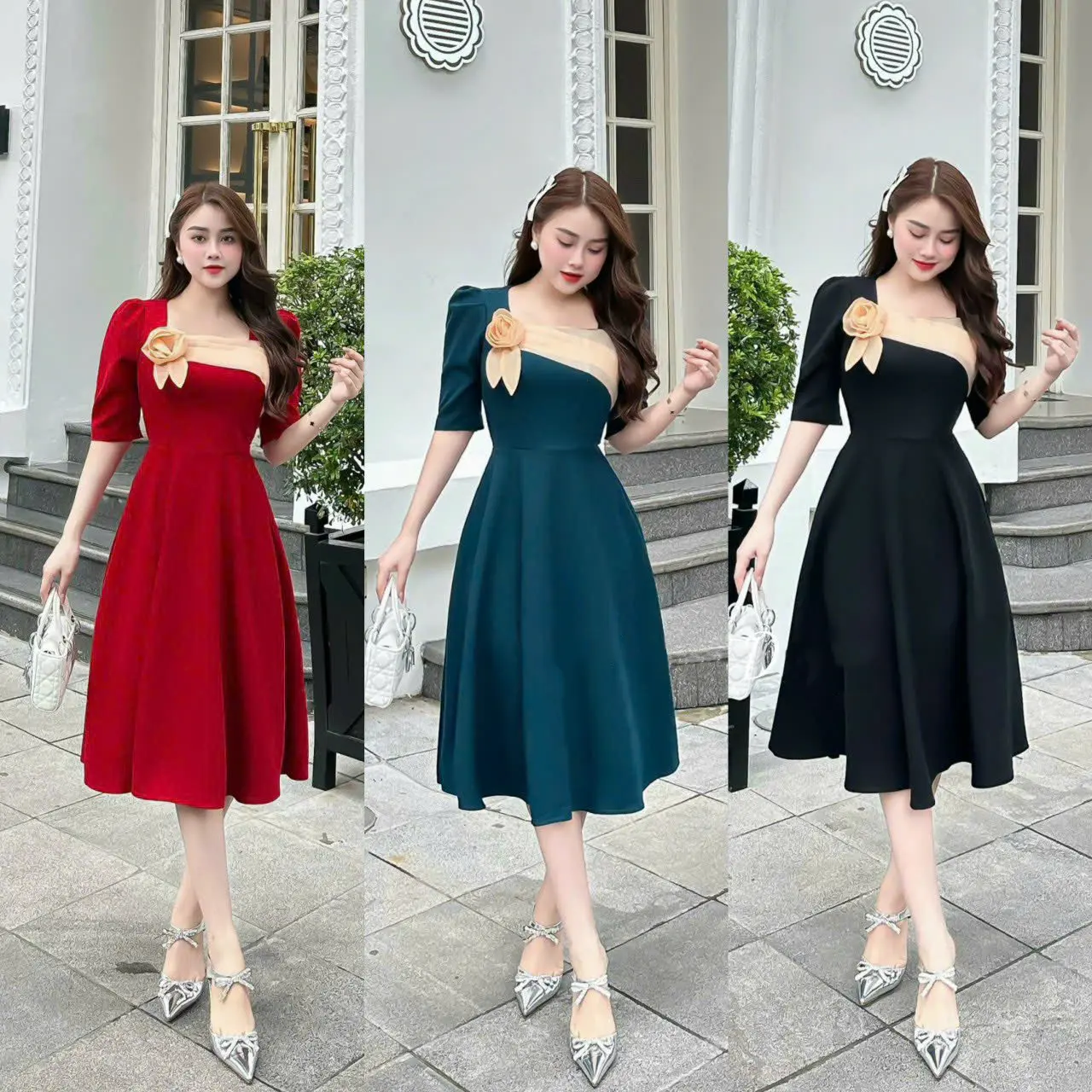V20 - Váy hoa lụa tay lỡ - 3 màu thiết kế eo cao mặc che bụng, chất liệu mango nhập khẩu, mát mịn - Thời trang Đầm Nữ Nhà Min, váy dự tiệc thiết kế