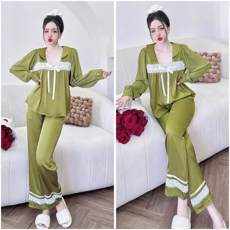 Đồ bộ ngủ pijama áo tay voan cổ vuông quần dài dành cho nữ họa tiết trơn chất liệu lụa latin mềm mịn Women 9