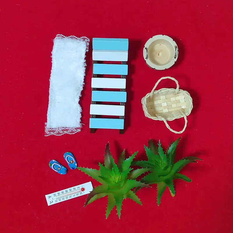 Mini Summer Beach Set, Wooden Beach Chair & Umbrella & Towel & Basket & Thermometer Model, Miniature Scene Shooting Props Model 5
