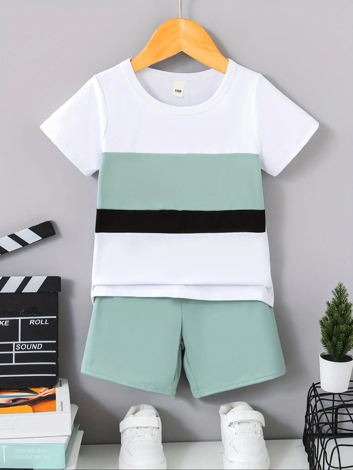 Two-Piece Set Toddler Boy's Colorblock Print Short Sleeve Tee & Elastic Waist Shorts, Casual Round Neck T-shirt & Shorts for Summer, Kids Clothes for Daily Wear, Going Out Sets