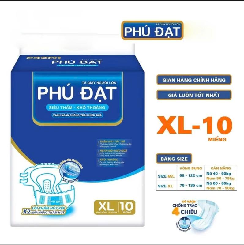 Combo 5 Bich- Size XL Tã Dán Người Già Phú Đạt 5 bịch-50 miếng Size XL Từ 65_100kg Có Vách Siêu Tiết Kiệm miếng bỉm tã người lớn