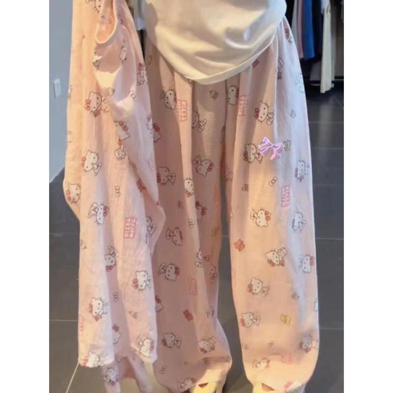 Quần Dài Đi Bộ, Phong Cách Nhật Bản, Ngọt Ngào Và Dễ Thương, Thiết Kế Hoạt Hình Hello Kitty, Quần Ngủ, Dành Cho Phụ Nữ, Mặc Mùa Hè, Dáng Rộng Vừa Vặn, Bộ Đồ Thường Ngày Thích Hợp Mặc Hàng Ngày, Quần Dài Quần Ngủ Áo Women