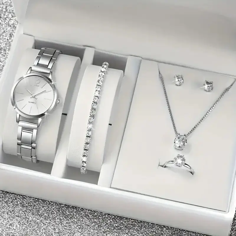 Women's 6pcs/set of watches Fashion Sliver Jewelry Set Watch Luxury Gift Women's Watch Hypoallergenic