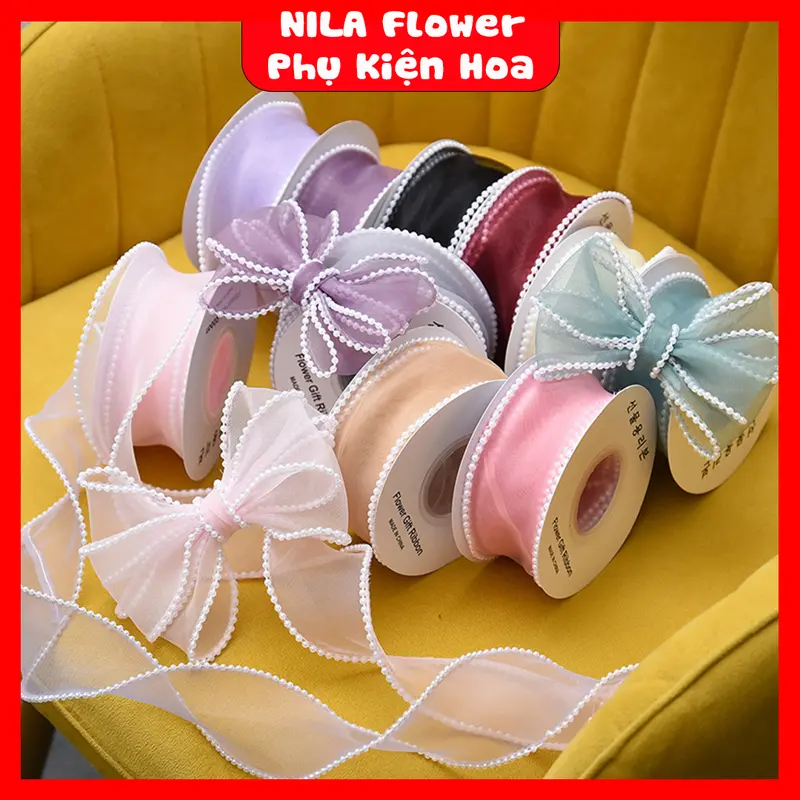 [Lẻ 1 mét][Khổ 4cm] Dây Ruy Băng Viền Ngọc Cao Cấp  Trang Trí Quà Tặng - NILA Flower ribbon 0
