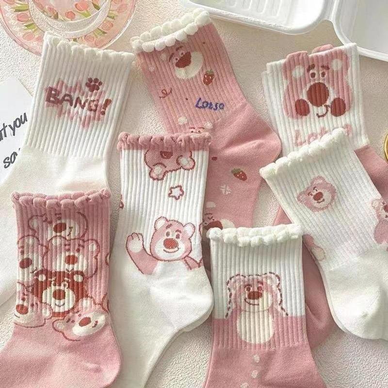 Product Introduction of sét 10 đôi Vớ cổ cao hình gấu dâu LOSTO dễ thương  - Tất cao cổ hoạ tiết gấu hồng co giãn Nữ Voi Voan Women 16