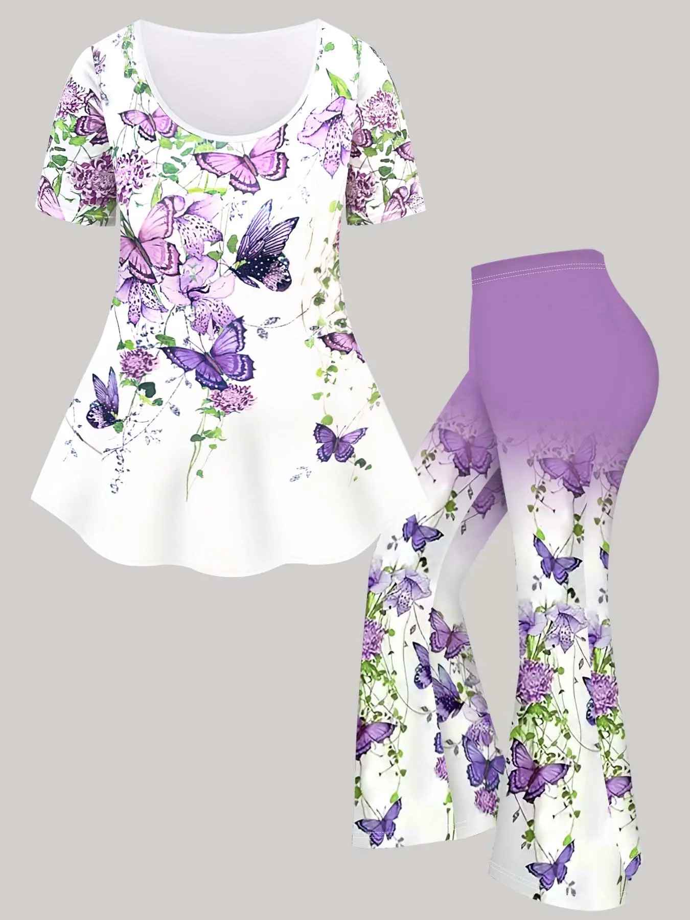 Plus Size Butterfly Print Tee & Flare Leg Pants Set, Round Neck Short Sleeve T-shirt & Elastic Waist Trousers for Women, Women's Two Piece Outfits for All Seasons