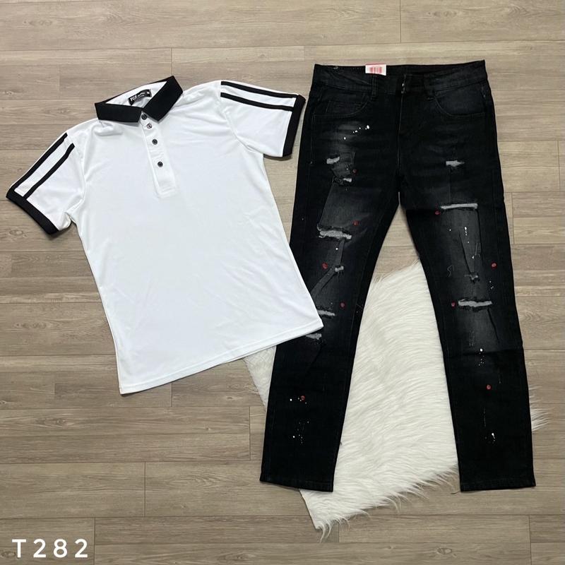 Bộ gồm quần jeans  màu đen xám , rách , phối sơn , ôm gọn, co giản thoải mái kết hợp  áo thun ngắn tay màu trắng,  2 tay phối sọc, chất thun cá sấu co giản 4 chiều, thấm hút mồ hôi) size 45-75kg dành cho nam  Menswear