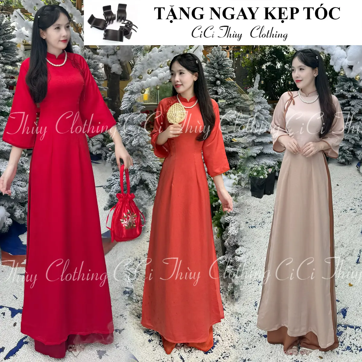 Áo Dài Tuyết Anh Chất Liệu Tây Thi Truyền Thống Phối Viền Cổ Có Nơ Áo Dài Tết - CiCi Thuỳ Clothing Nữ Women Đỏ Dress