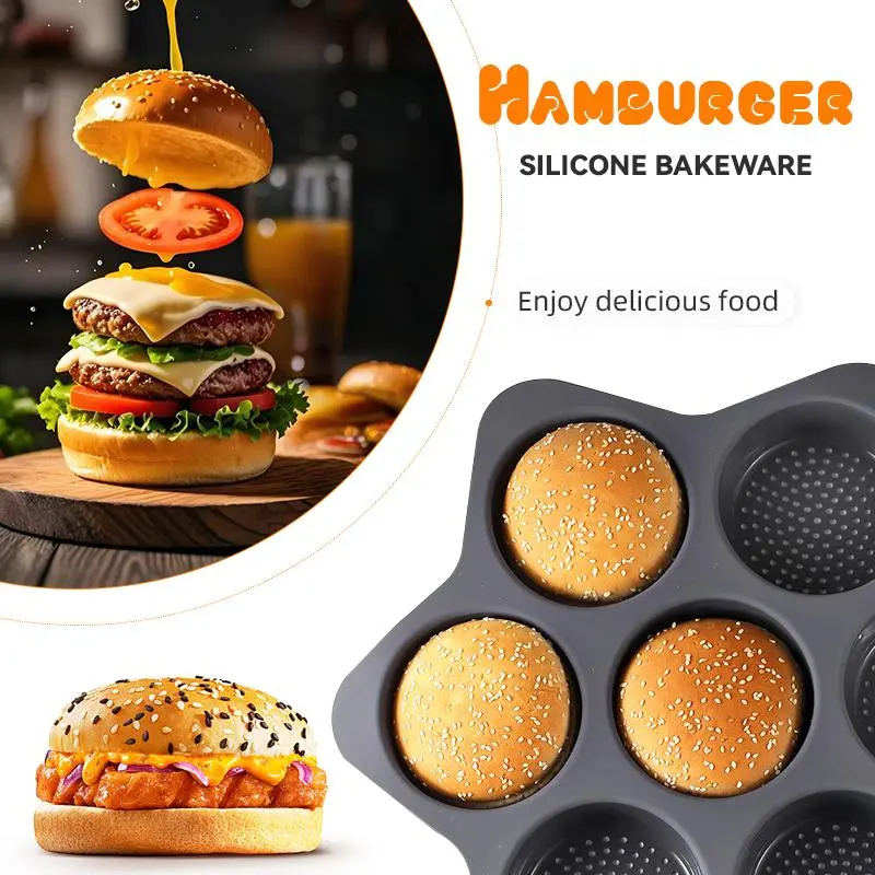 7-cavity Hamburger Bread Mold, 1 Count Non-stick Heat Resistant Burger Bun Mold, Homemade Burger Bun Mold for Home Kitchen Baking House 3