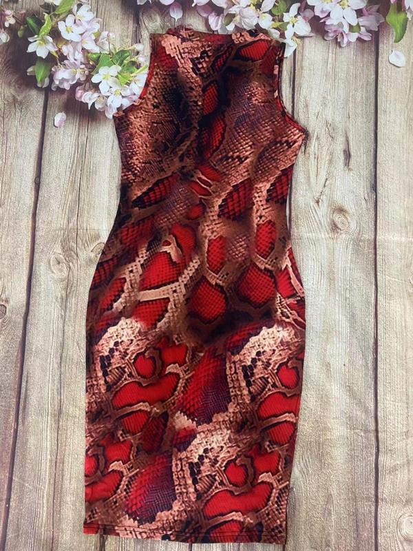Women's Snakeskin Print Round Neck Bodycon Dress, Casual Sleeveless Tank Dress for Summer, Ladies Clothes for Nightclub Party 1