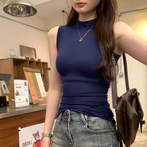 เสื้อกล้ามแขนกุด ทรงสลิมฟิต สไตล์อเมริกัน สำหรับผู้หญิง ฤดูร้อน อเนกประสงค์ พื้นฐาน เรียบง่าย คอจำลอง สีเทา ยอดนิยม เหมาะสำหรับสาวฮอต