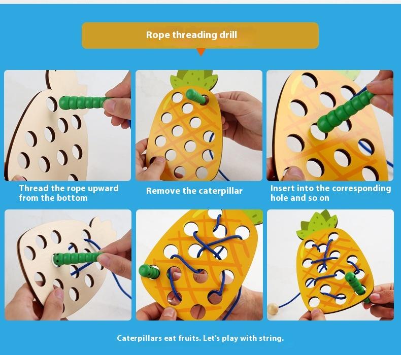 Product Introduction of Wooden Fruit Threading Board Toy Kindergarten Area Put Montessori Early Education String Game 5